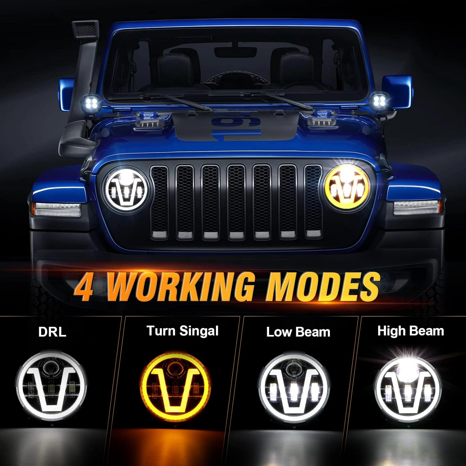 7 Inch Round High Low Beam Led Headlight Motorcycle White Amber for Jeep