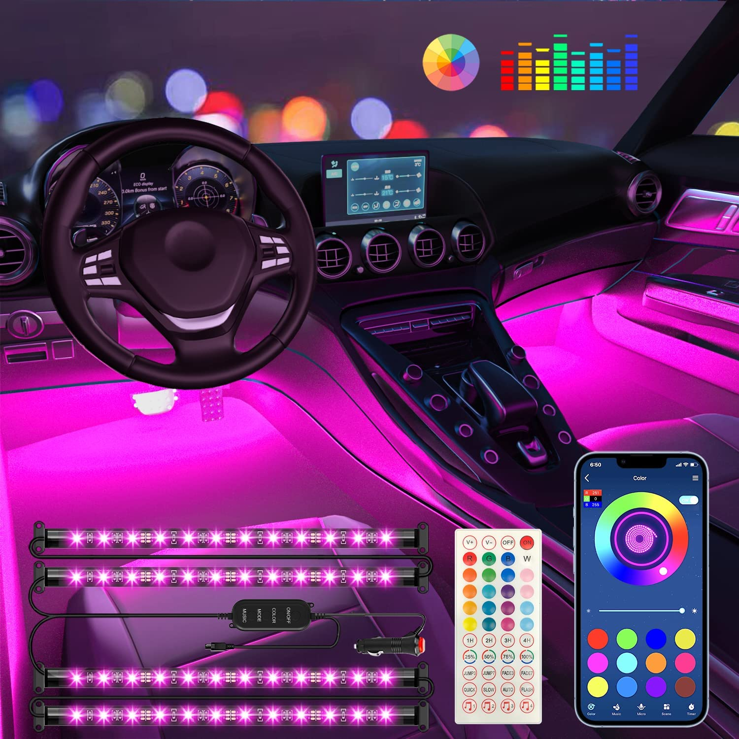 18 LED Car Interior Neon Atmosphere Lamp APP or Music Voice Control Vehicle Ambient Light